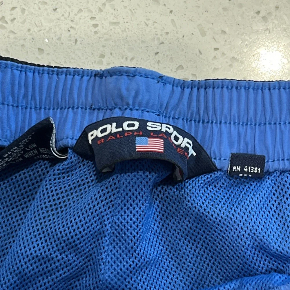 Vintage Polo Sport‎ Swim Trunks Mens XL Blue Stripe Spell Out Logo Zip Pockets